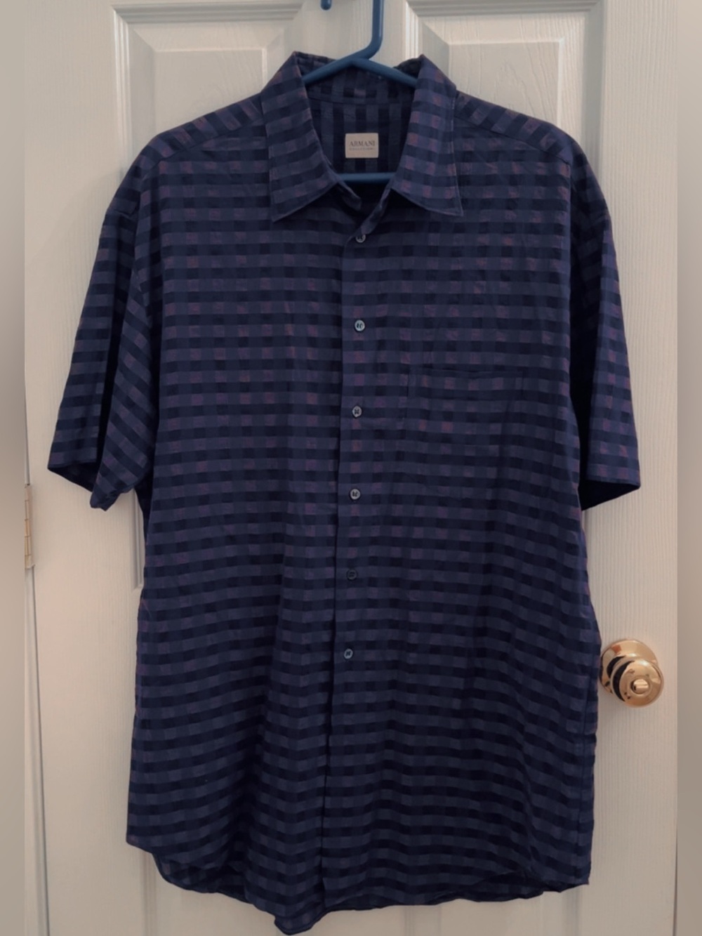 Armani Collezioni Men’s Blue Check Short Sleeve Button-Up Shirt Sz L 100% Cotton